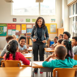 A warm and inviting classroom scene with a teacher in their 30s, standing confidently at the front of the room