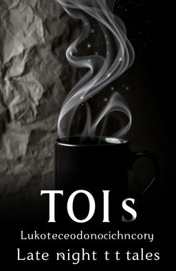 A black coffee cup with smooth, flowing steam rising from it, the steam taking on an artistic, cosmic appearance, resembling a night sky filled with twinkling stars