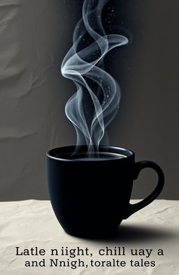 A black coffee cup with smooth, flowing steam rising from it, the steam taking on an artistic, cosmic appearance, resembling a night sky filled with twinkling stars