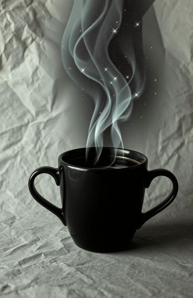 A black coffee cup with smooth, flowing steam rising from it, the steam taking on an artistic, cosmic appearance, resembling a night sky filled with twinkling stars