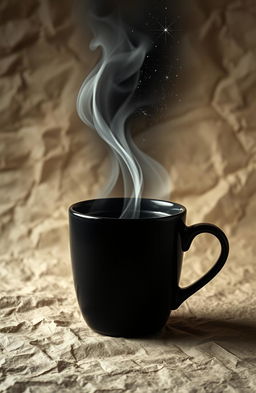 A black coffee cup with smooth, flowing steam rising from it, the steam taking on an artistic, cosmic appearance, resembling a night sky filled with twinkling stars