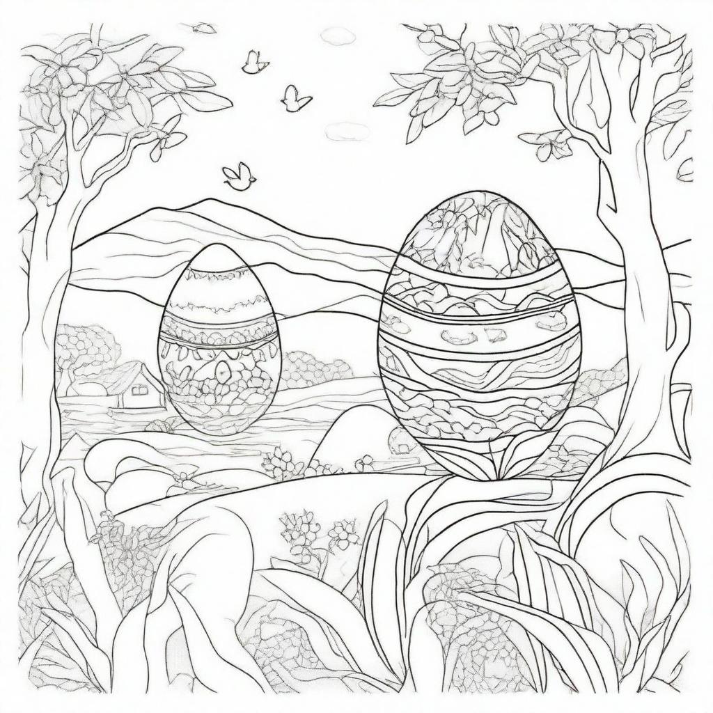 Create a coloring page featuring a large Easter egg decorated with a captivating scenery