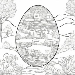 Create a coloring page featuring a large Easter egg decorated with a captivating scenery