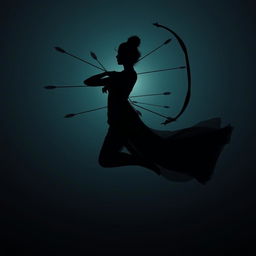 A dramatic silhouette of an elegant woman floating in mid-air, with arrows shot through her body