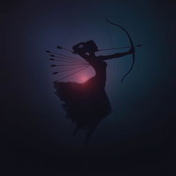 A dramatic silhouette of an elegant woman floating in mid-air, with arrows shot through her body