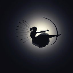 A dramatic silhouette of an elegant woman floating in mid-air, with arrows shot through her body