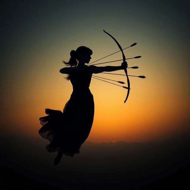 A dramatic silhouette of an elegant woman floating in mid-air, with arrows shot through her body