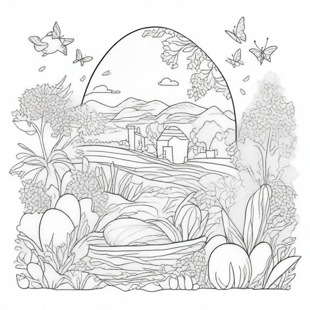 Create a coloring page featuring a large Easter egg decorated with a captivating scenery