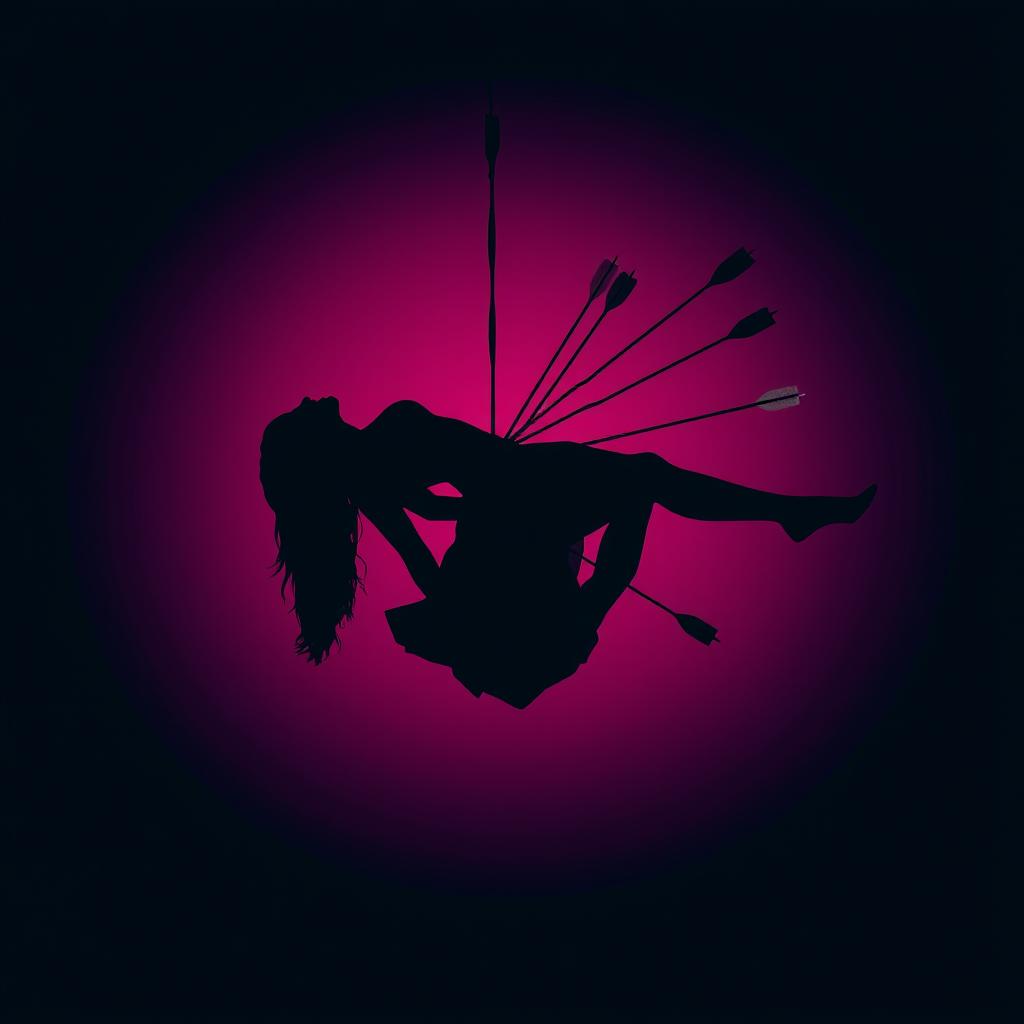 A striking silhouette of a woman suspended in the air, her body bent backwards in a dramatic pose