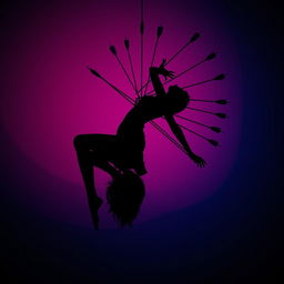 A striking silhouette of a woman suspended in the air, her body bent backwards in a dramatic pose