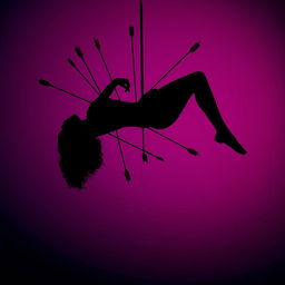 A striking silhouette of a woman suspended in the air, her body bent backwards in a dramatic pose