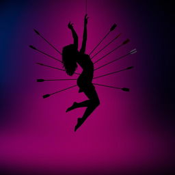 A striking silhouette of a woman suspended in the air, her body bent backwards in a dramatic pose