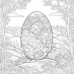 Create a coloring page featuring a large Easter egg decorated with a captivating scenery