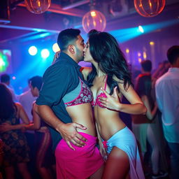 A lively and vibrant scene set in a club, featuring a stunning Pakistani girl wearing a short skirt and a bikini top, showcasing her figure