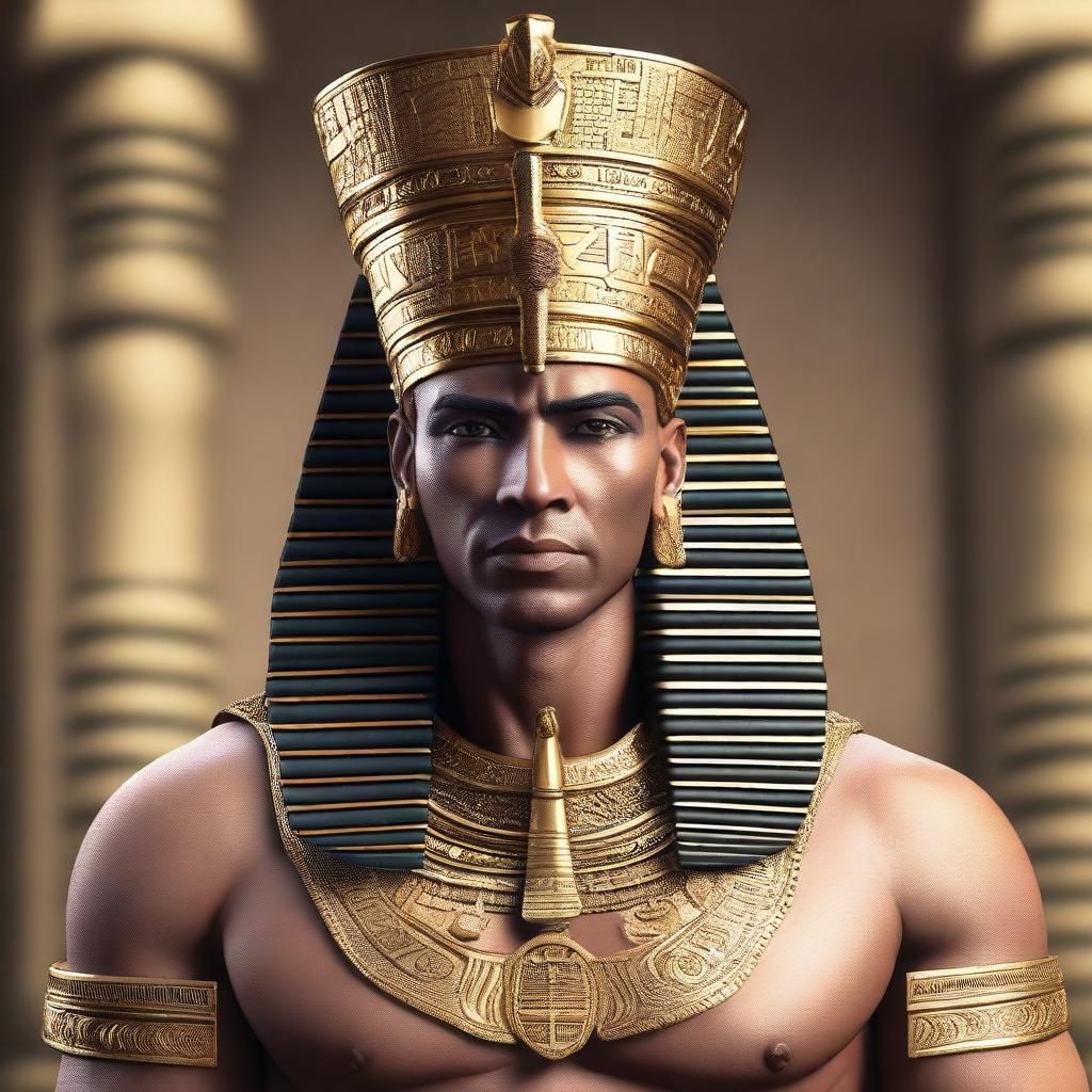 A 3D realistic rendering of a character converted into an ancient Egyptian king, adorned with traditional regalia and symbols of power