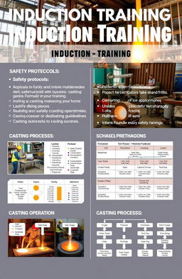 A detailed induction training report for a casting foundry, showcasing various sections such as safety protocols, machine operation guidelines, and casting processes