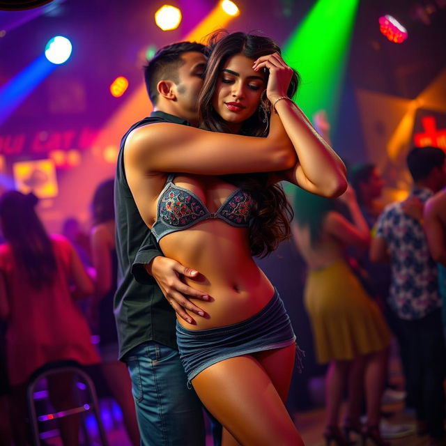 A vibrant club scene featuring a stunning Pakistani girl in a short skirt and bikini top, embodying confidence as she dances closely with a man