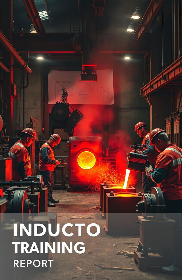 An induction training report set in a casting foundry, featuring a dramatic composition of red and black color casting elements showcasing molten metal being poured into molds