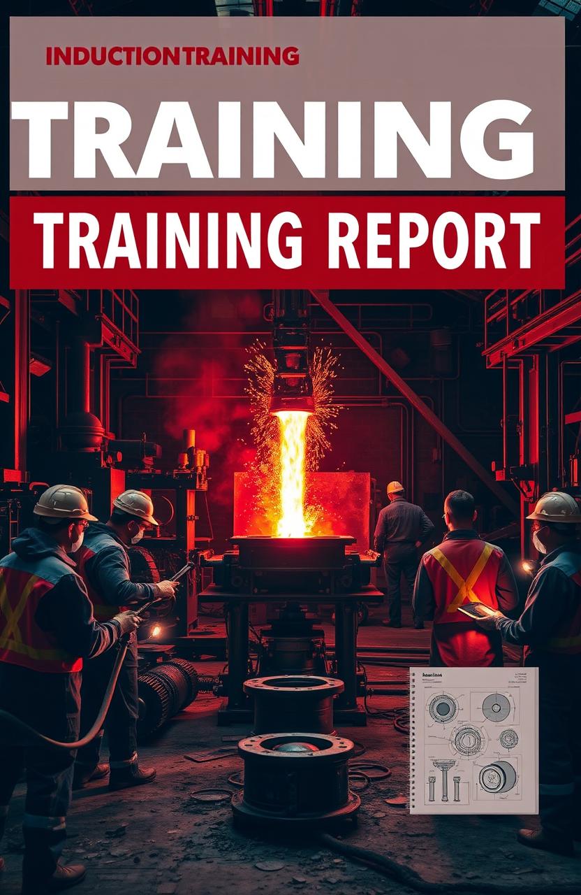 An induction training report set in a casting foundry, featuring a dramatic composition of red and black color casting elements showcasing molten metal being poured into molds