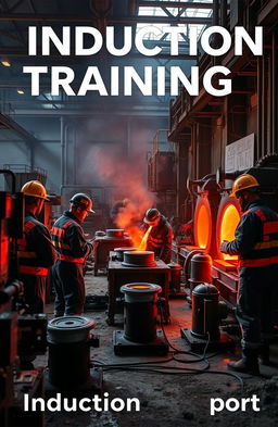 An induction training report set in a casting foundry, featuring a dramatic composition of red and black color casting elements showcasing molten metal being poured into molds