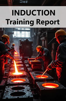 An induction training report set in a casting foundry, featuring a dramatic composition of red and black color casting elements showcasing molten metal being poured into molds