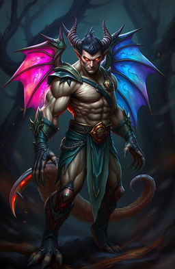 A fierce, muscular human warrior with dragon-like features, such as scales and sharp claws, stands in a dynamic battle pose