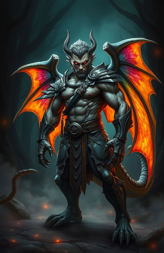 A fierce, muscular human warrior with dragon-like features, such as scales and sharp claws, stands in a dynamic battle pose