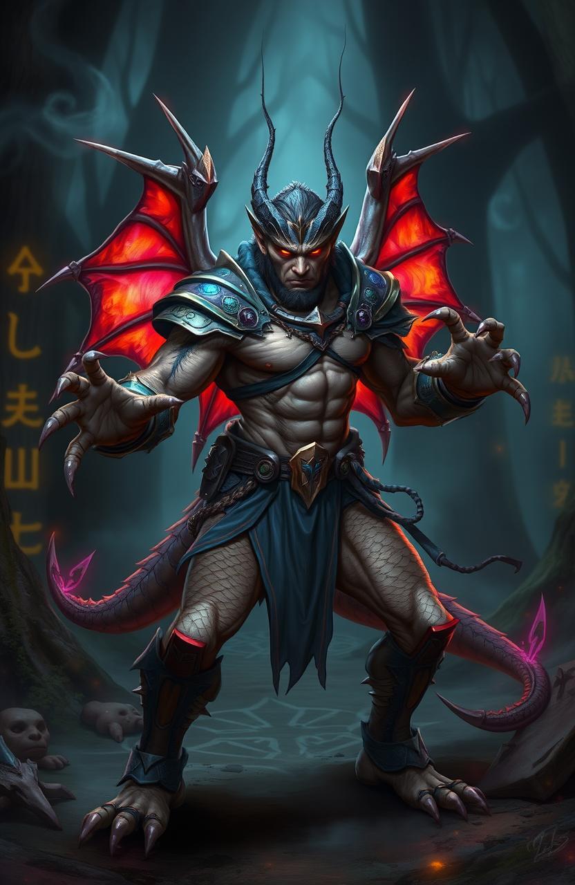 A fierce, muscular human warrior with dragon-like features, such as scales and sharp claws, stands in a dynamic battle pose