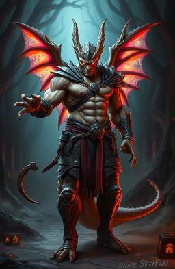 A fierce, muscular human warrior with dragon-like features, such as scales and sharp claws, stands in a dynamic battle pose