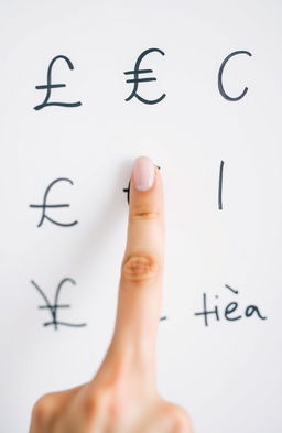 A close-up shot of a whiteboard filled with various currency symbols including the pound sign (£), euro sign (€), dollar sign ($), yen sign (¥), and the naira sign (₦)