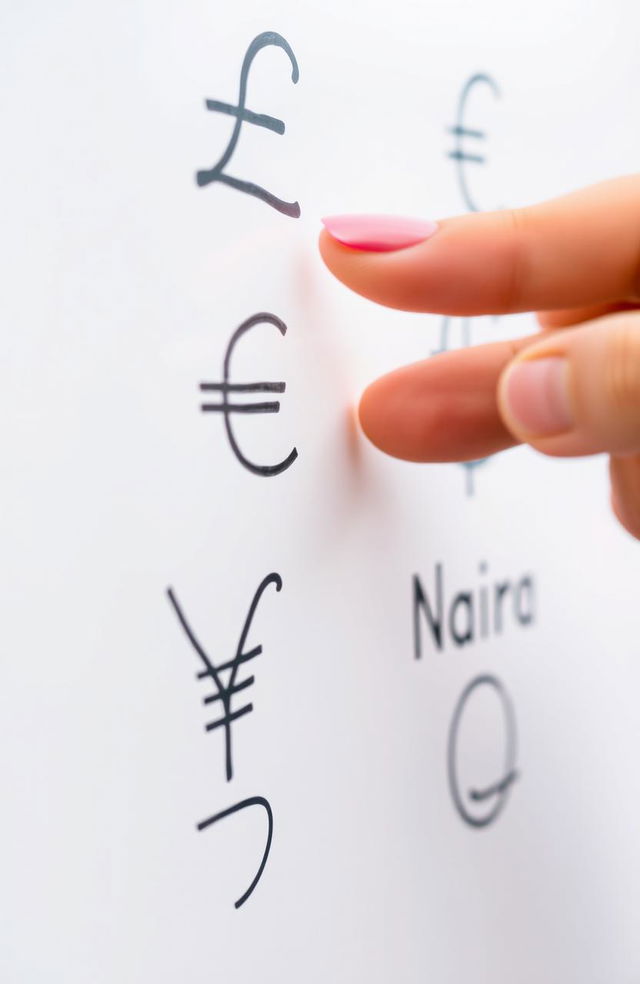 A close-up shot of a whiteboard filled with various currency symbols including the pound sign (£), euro sign (€), dollar sign ($), yen sign (¥), and the naira sign (₦)