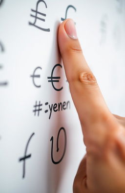 A close-up shot of a whiteboard filled with various currency symbols including the pound sign (£), euro sign (€), dollar sign ($), yen sign (¥), and the naira sign (₦)