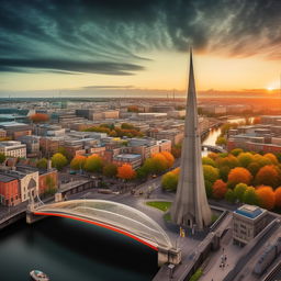 Craft a vibrant, cartoon-style representation of the capital city Dublin, capturing its Irish charm with the Spire of Dublin and Ha'penny Bridge.