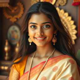 A beautiful Tamil girl elegantly showcasing her cultural heritage, wearing a traditional outfit and a stunning nose pin that adds charm to her appearance