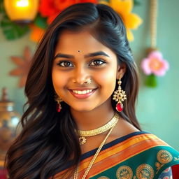 A beautiful Tamil girl elegantly showcasing her cultural heritage, wearing a traditional outfit and a stunning nose pin that adds charm to her appearance