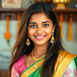 A beautiful Tamil girl elegantly showcasing her cultural heritage, wearing a traditional outfit and a stunning nose pin that adds charm to her appearance