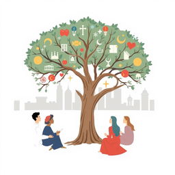 A simple illustration portraying the concepts of thoughts, religion, society, and state
