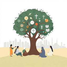 A simple illustration portraying the concepts of thoughts, religion, society, and state