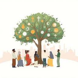 A simple illustration portraying the concepts of thoughts, religion, society, and state