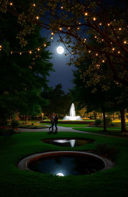 A serene night scene in a beautifully illuminated park, filled with lush green trees and colorful flowers