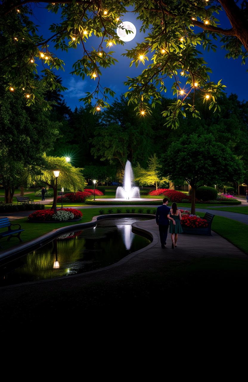 A serene night scene in a beautifully illuminated park, filled with lush green trees and colorful flowers