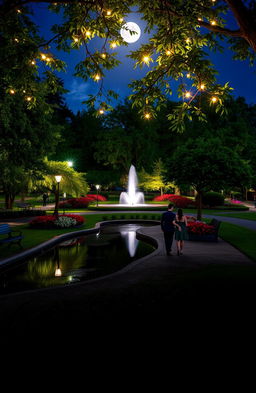 A serene night scene in a beautifully illuminated park, filled with lush green trees and colorful flowers