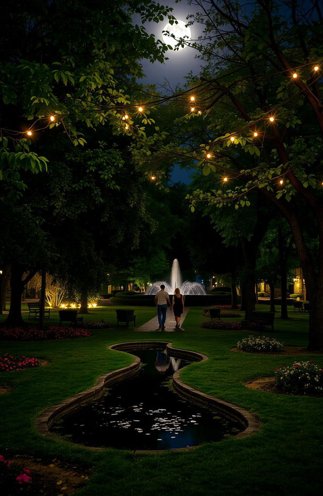 A serene night scene in a beautifully illuminated park, filled with lush green trees and colorful flowers