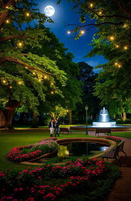 A serene night scene in a beautifully illuminated park, filled with lush green trees and colorful flowers