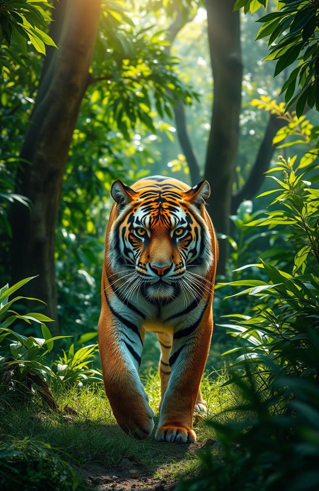 A majestic Bengal tiger prowling through a lush, green jungle, surrounded by towering trees and vibrant foliage