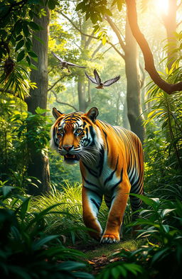 A majestic Bengal tiger prowling through a lush, green jungle, surrounded by towering trees and vibrant foliage