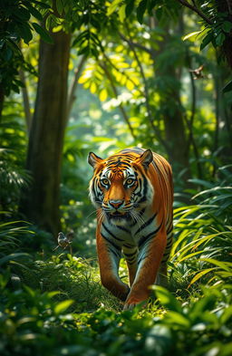 A majestic Bengal tiger prowling through a lush, green jungle, surrounded by towering trees and vibrant foliage