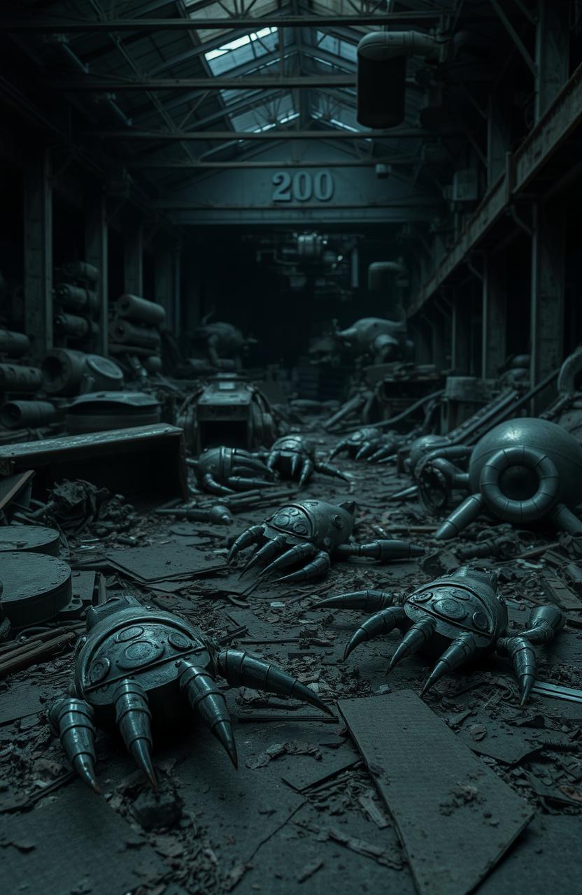 An abandoned facility filled with various pieces of metal and scattered machinery, creating an eerie and unsettling atmosphere