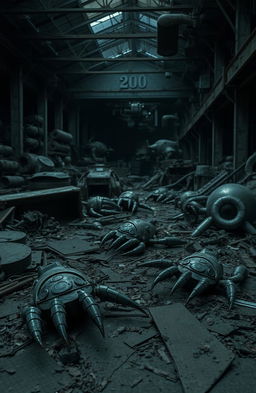 An abandoned facility filled with various pieces of metal and scattered machinery, creating an eerie and unsettling atmosphere