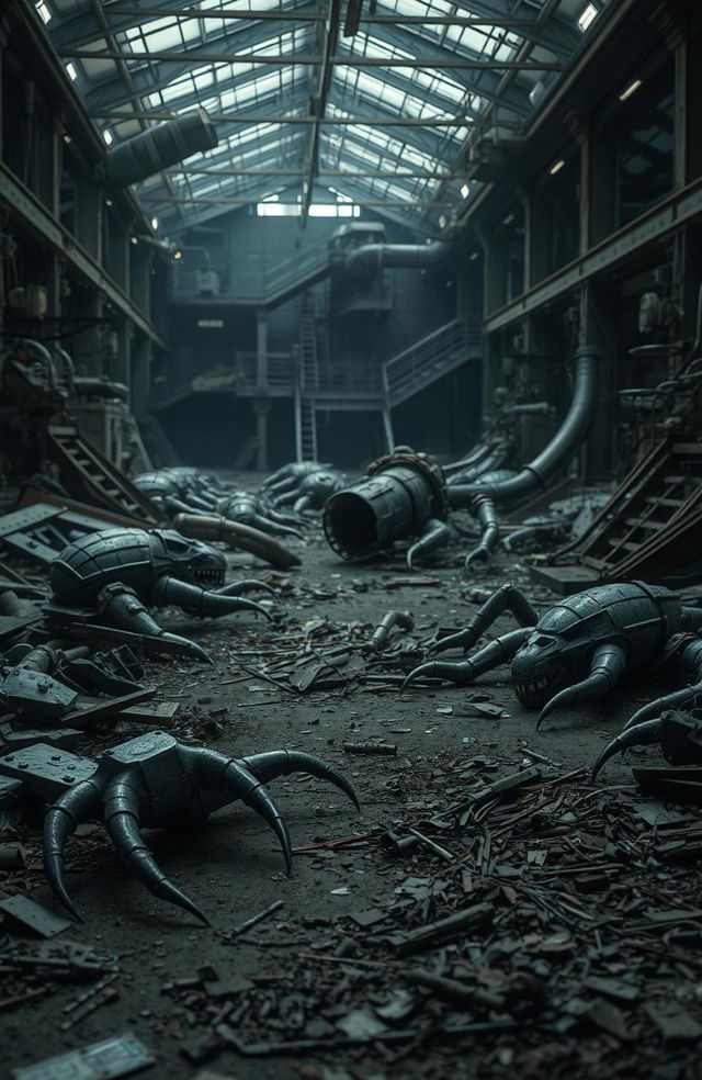 An abandoned facility filled with various pieces of metal and scattered machinery, creating an eerie and unsettling atmosphere